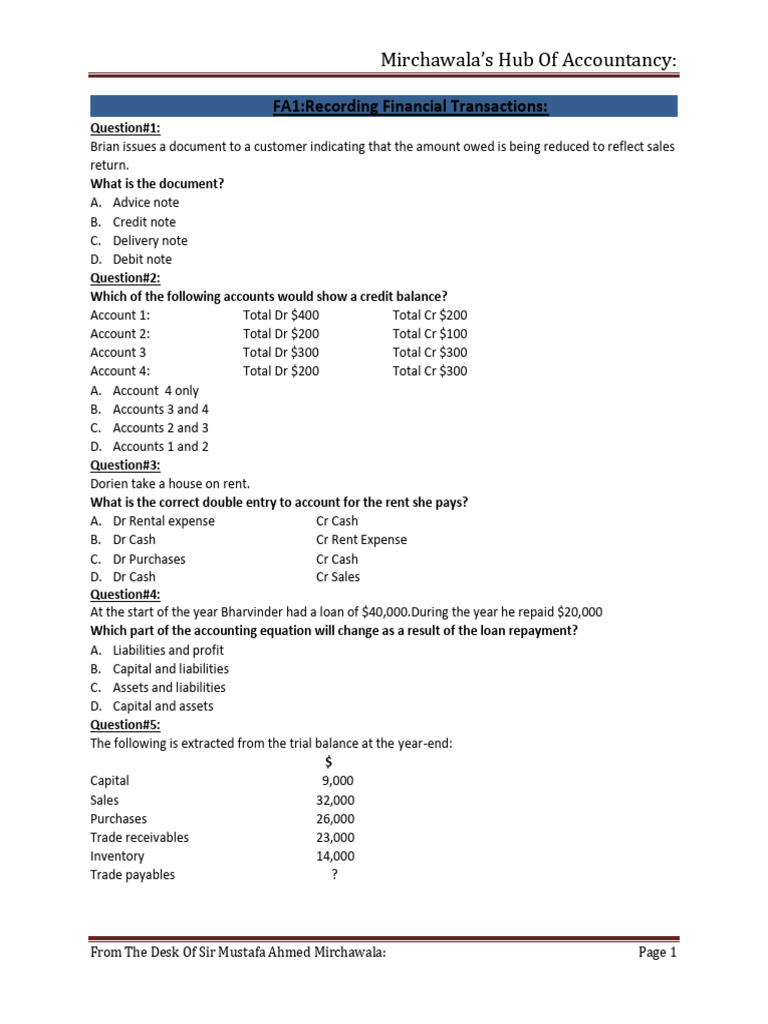 FA1 Accounting Practice Questions | PDF | Debits And Credits | Business ...