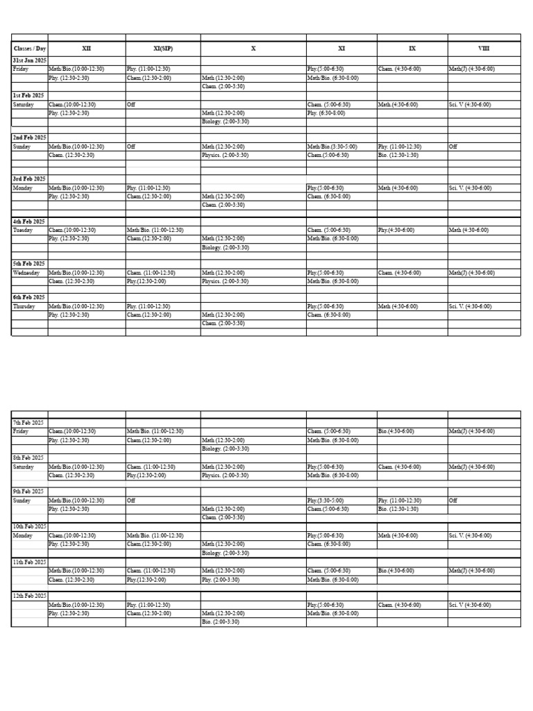 Class Schedule for February 2025 | PDF