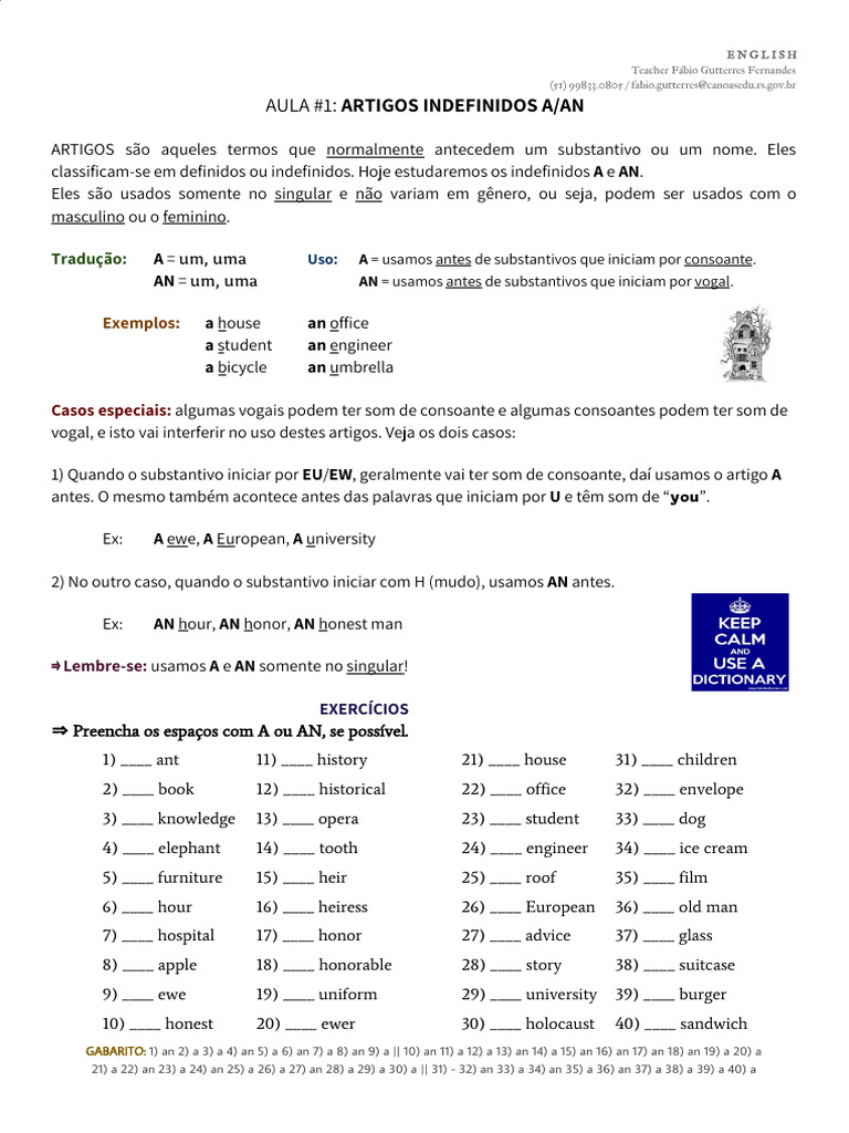 Artigos Indefinidos A/AN em Inglês | PDF | Famílias linguísticas ...