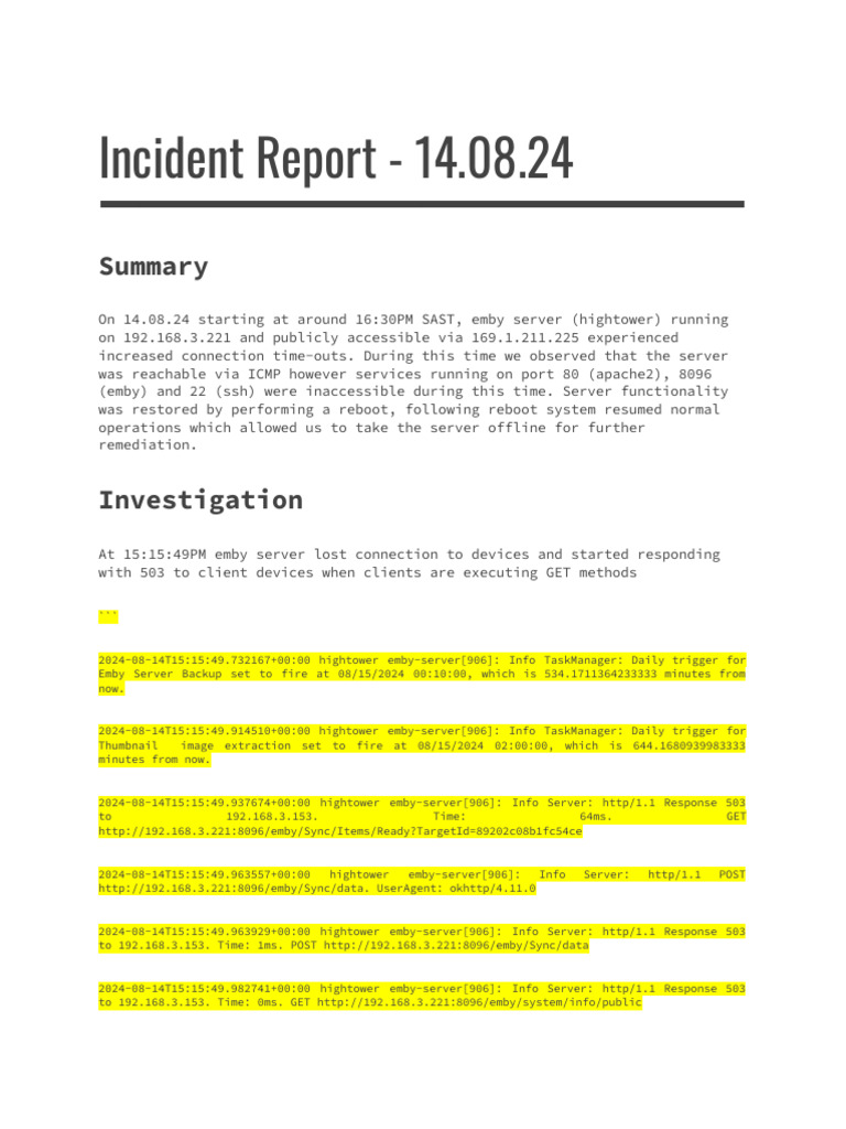 Incident Report - 14.08.24 | PDF