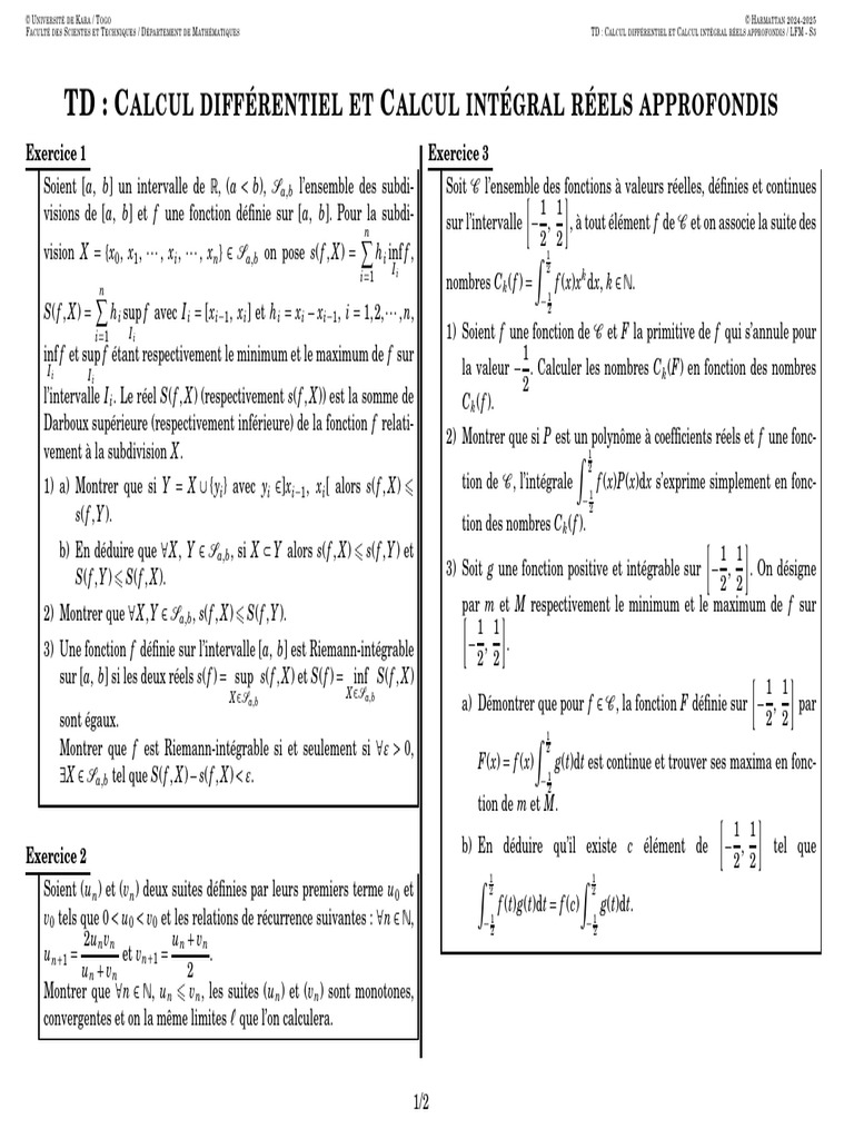 TD sur Calcul Différentiel et Intégral | PDF | Logique mathématique ...