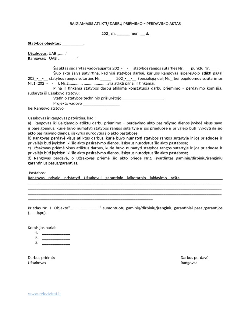 Baigiamasis Atliktu Statybos Darbu Priemimo Perdavimo Aktas | PDF
