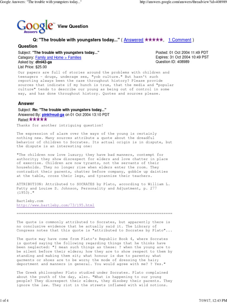 Google Answers_ _The trouble with youngsters today.. | PDF | Socrates ...