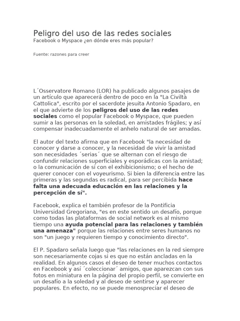 Peligro Del Uso de Las Redes Sociales | PDF | Facebook | Internet
