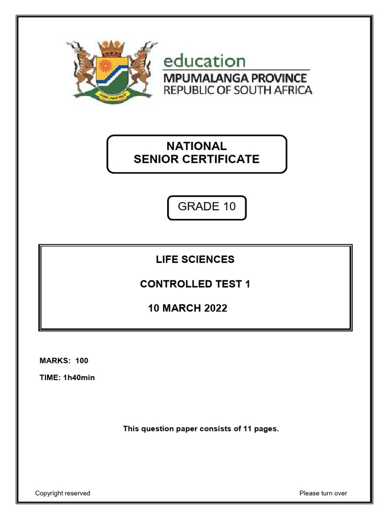 Life Sciences Grade 10 Controlled Test 1 March 2022 Nkangala | PDF ...