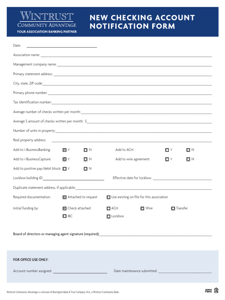 New Checking Account Notification Form: Board of Directors or Managing ...