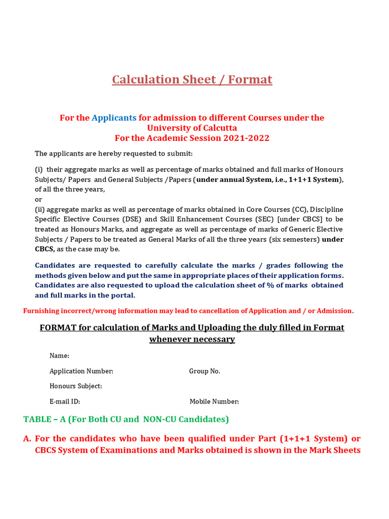 Calculation Sheet Pdf Course Credit Higher Education