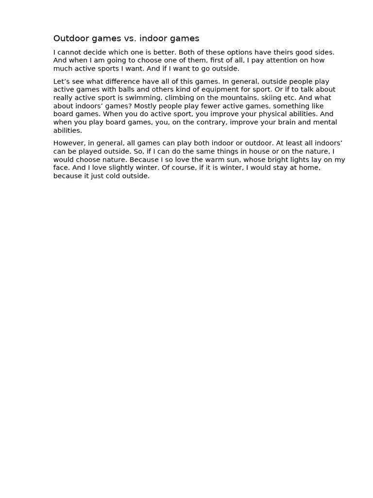 Outdoor Games vs. Indoor Games | PDF
