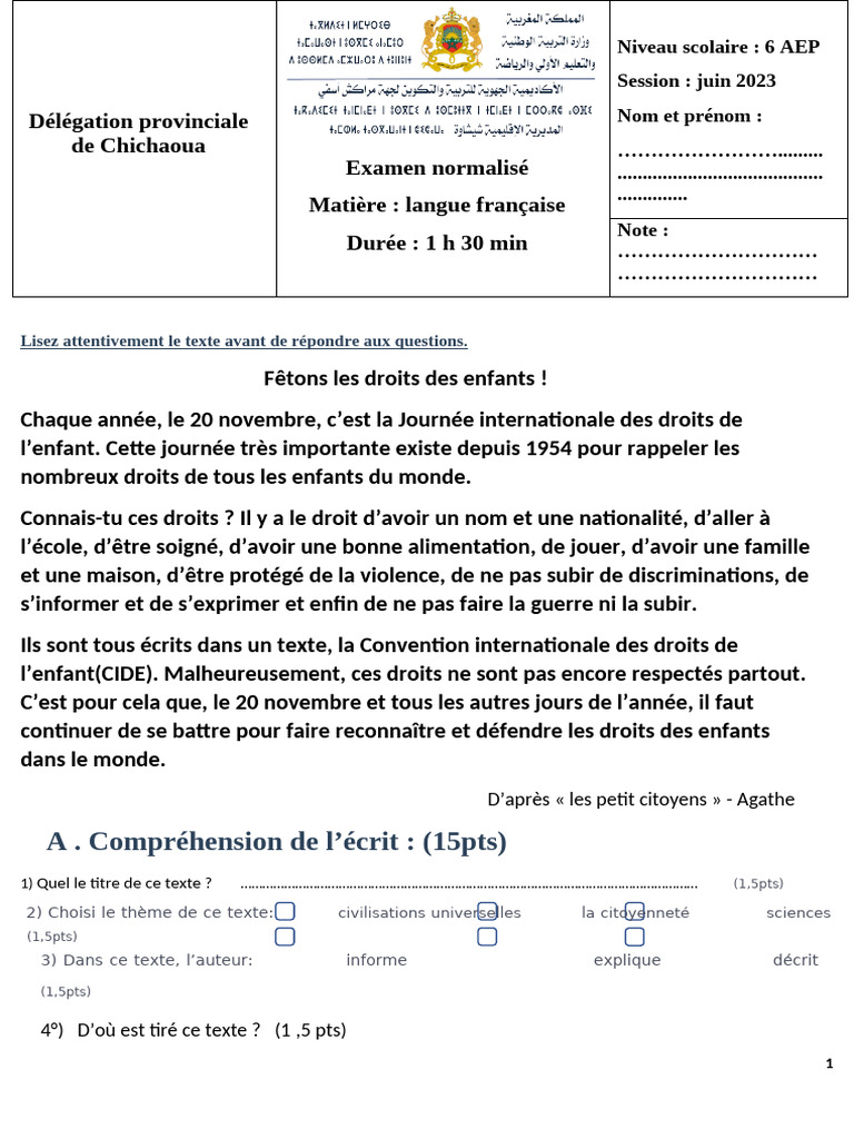 Examen Normalisé Français CE6 2023 | PDF | Mécanique du langage | Grammaire