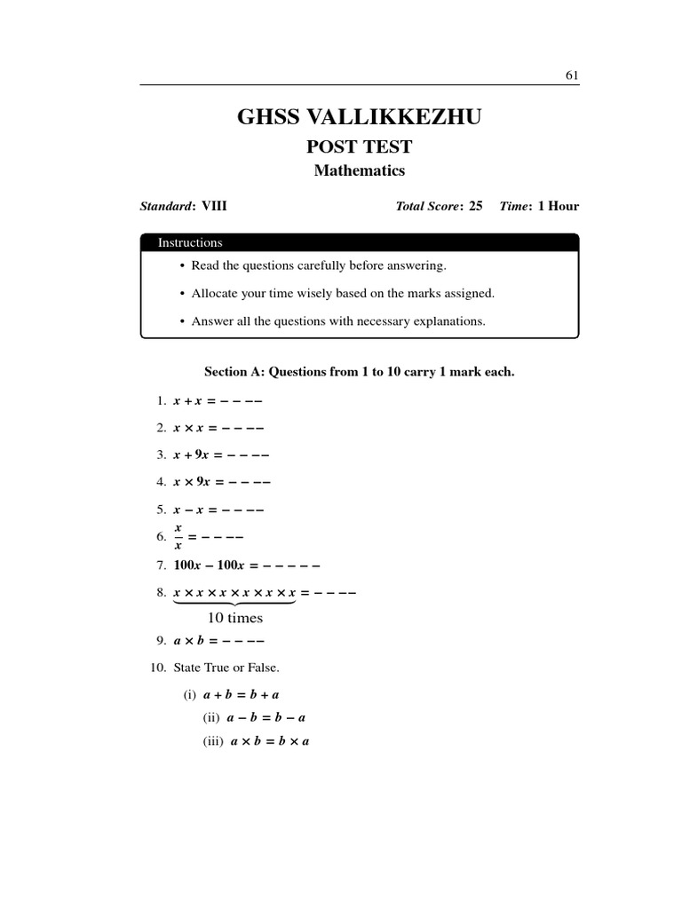 VIII Grade Math Post Test Questions | PDF