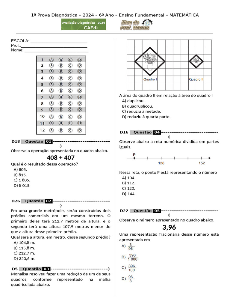Prova Diagnóstica Matemática 6º Ano 2024 | PDF | Matemática | Aritmética