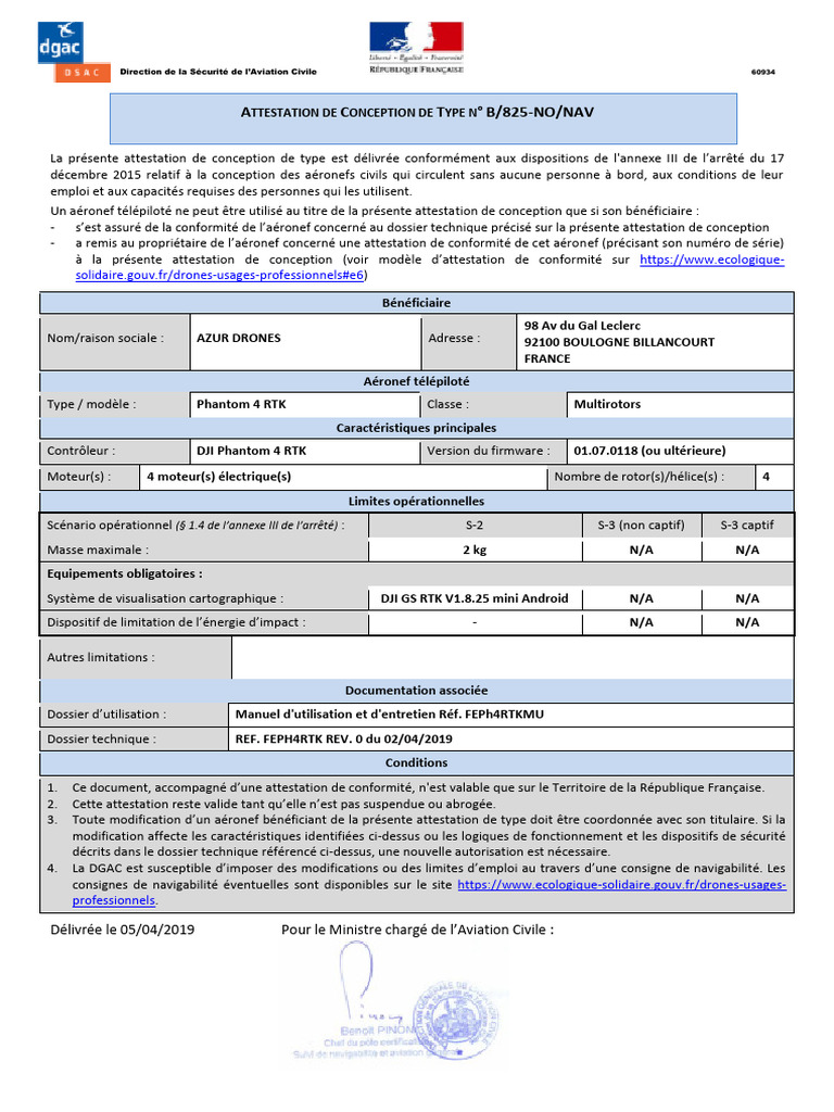 Attestation de Type B/825-NO/NAV pour Drone | PDF | Avion | Drone