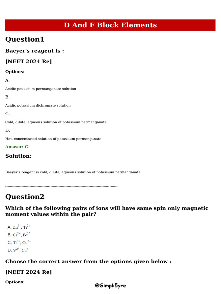 D and F Block Elements: NEET 2024 Questions | PDF | Lanthanide ...