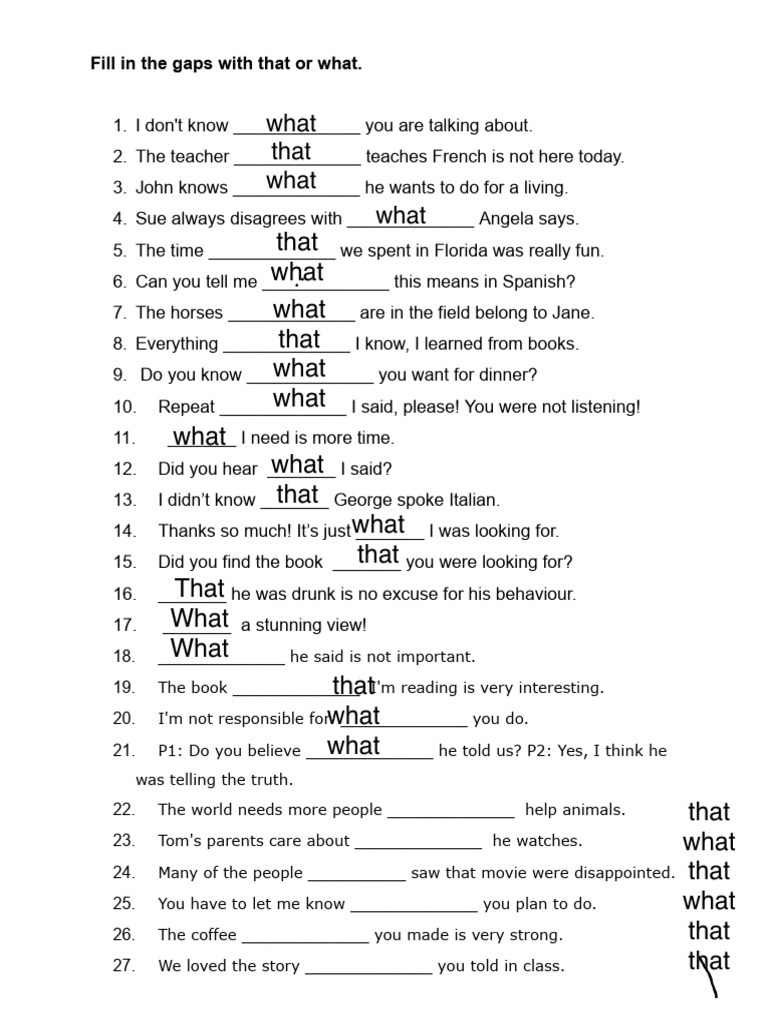Fill in the Blanks: That vs. What | PDF