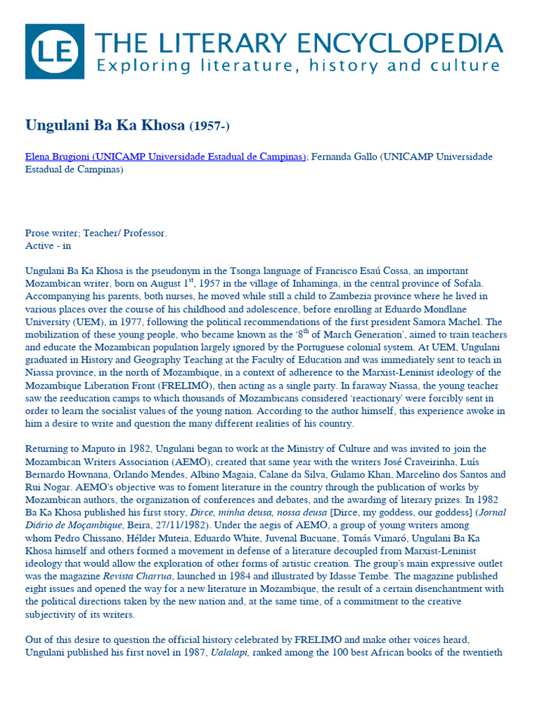 VERBETE Ungulani Ba Ka Khosa (The Literary Encyclopedia - 08-06-2019 ...