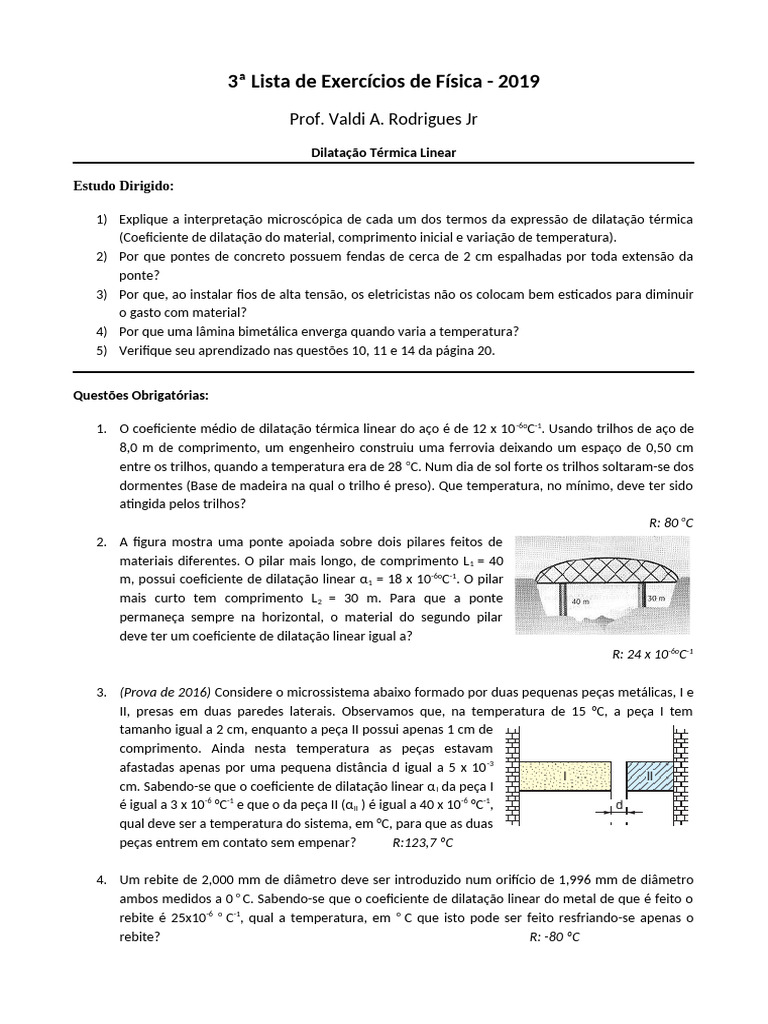 Exercícios de Dilatação Térmica 2019 | PDF | Expansão térmica | Temperatura