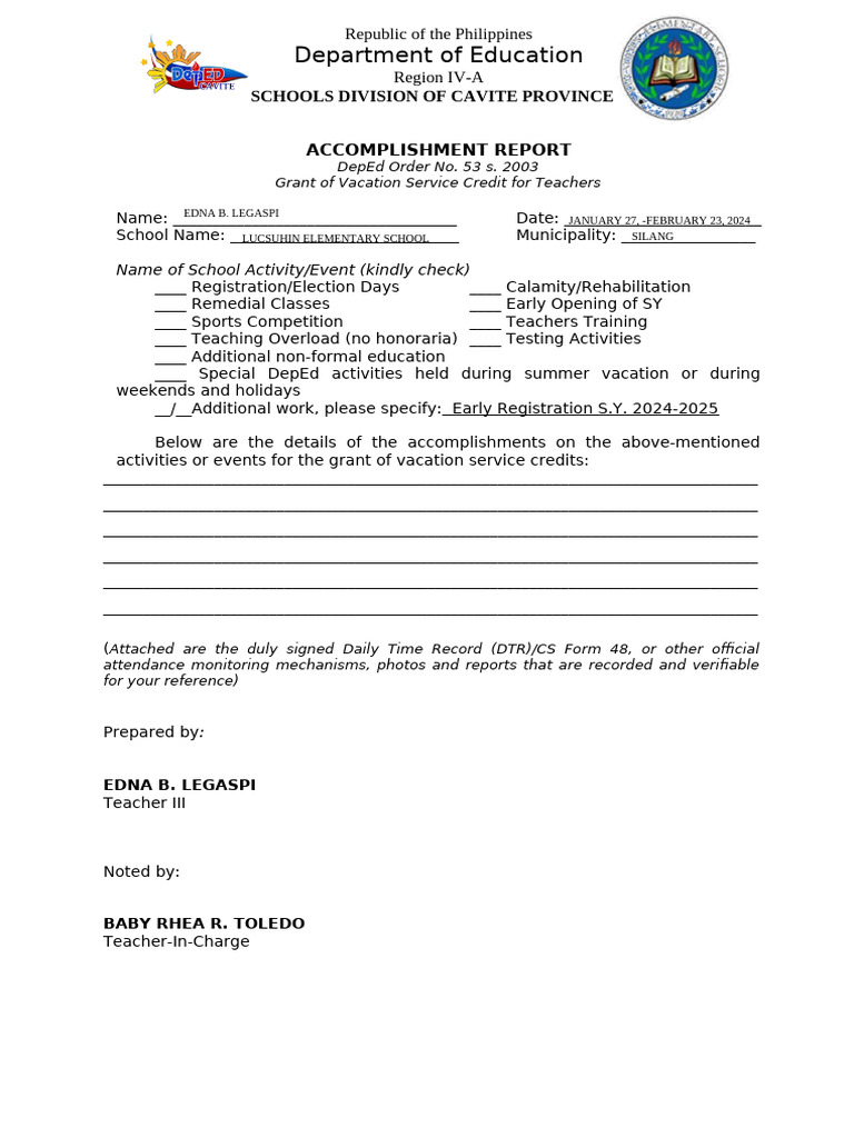 Accomplishment Report for Vacation Credit | PDF