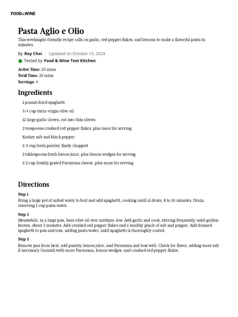 Recipes Pasta Aglio e Olio Print | PDF