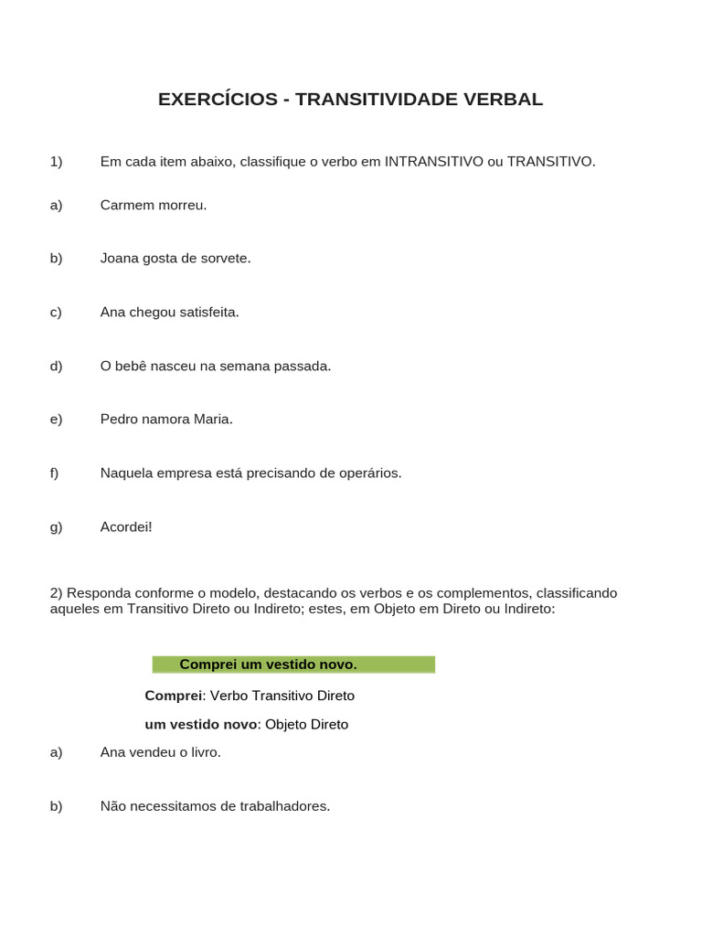 Exercícios de Transitividade Verbal | PDF | Assunto (gramática ...