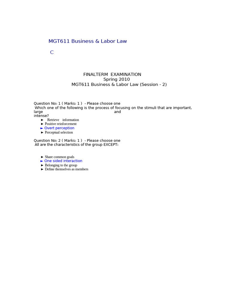 MGT611 Business & Labor Law Exam Guide | PDF | Attitude (Psychology ...