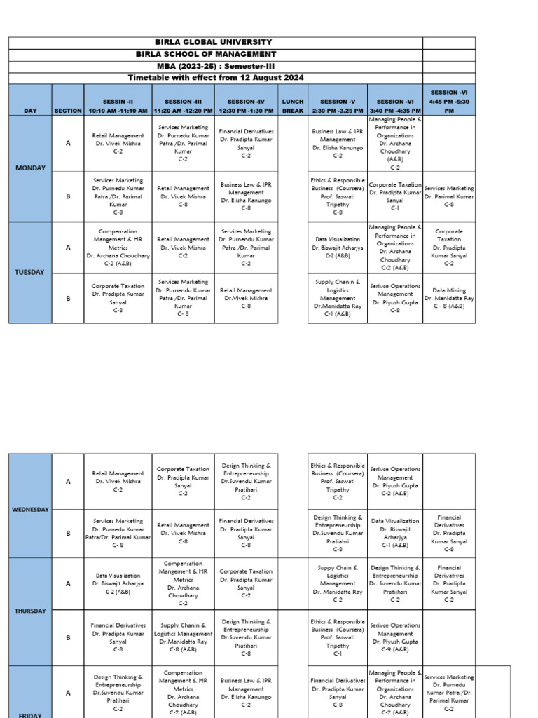 MBA (2023-25) III Timetable | PDF | Business Process | Business Economics