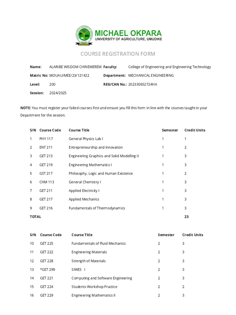 Course Registration Form 2024/2025 | PDF | Engineering | Mechanical ...