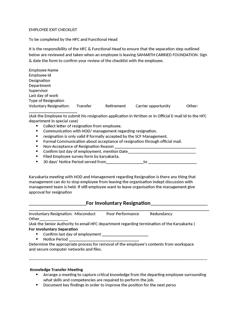 Employee Exit Checklist for SAMARTH CARRIED FOUNDATION | PDF ...