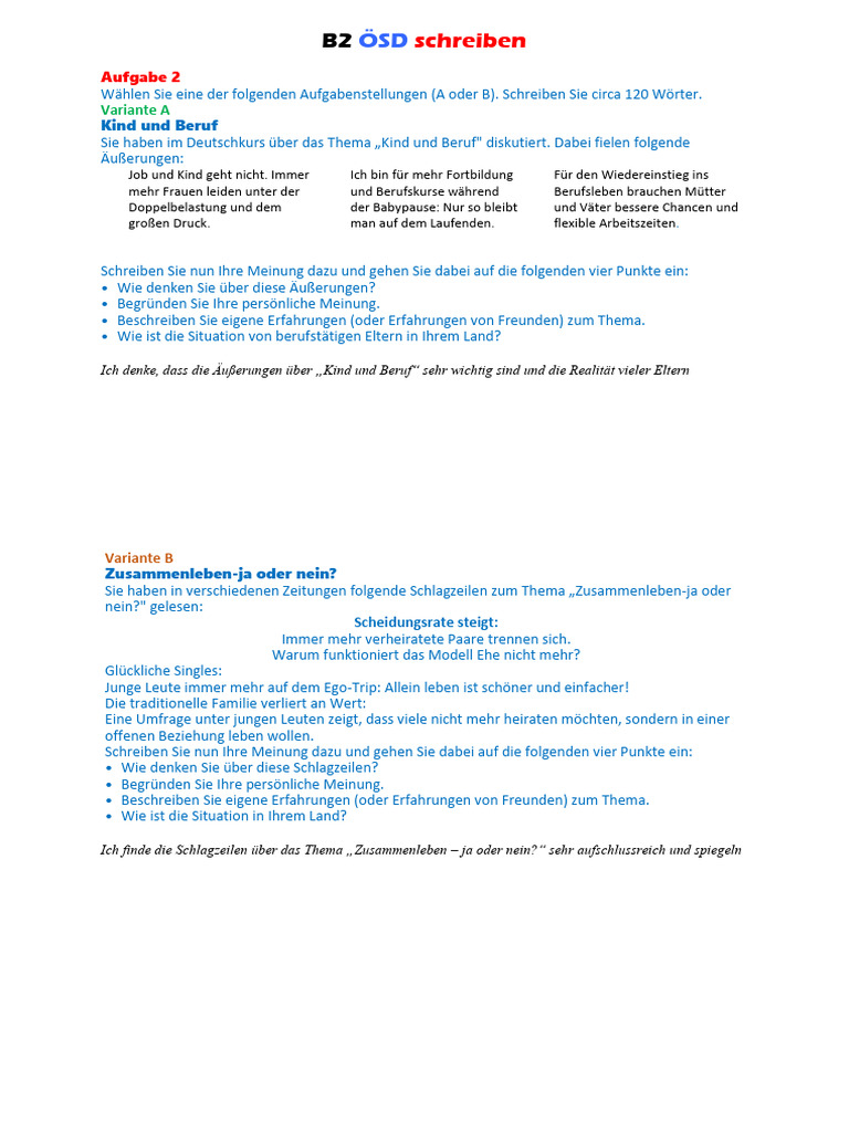 B2 ÖSD Schreiben - Kind Und Beruf | PDF