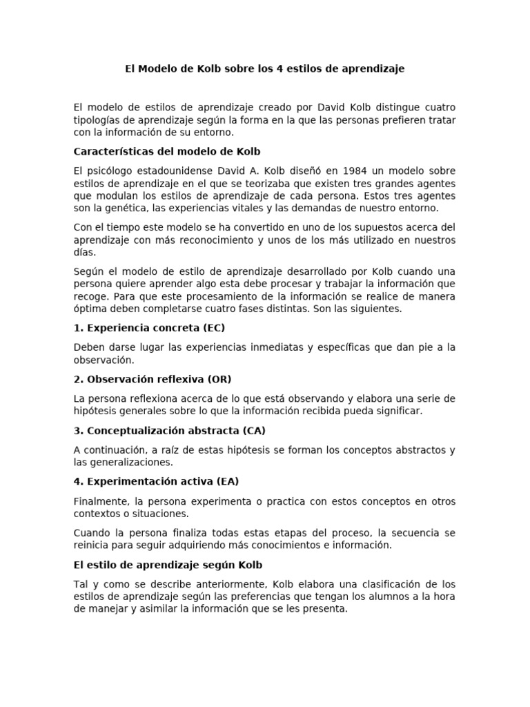 El Modelo de Kolb Sobre Los 4 Estilos de Aprendizaje | PDF ...