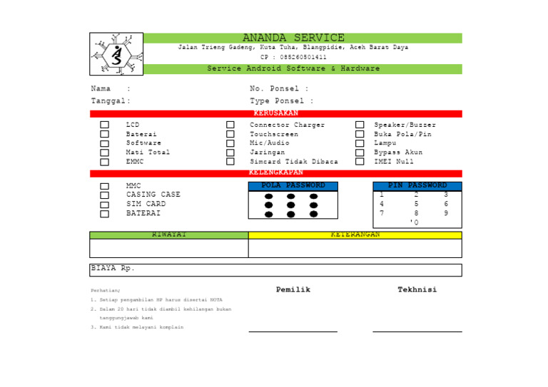 Nota Servis HP Ananda Service | PDF