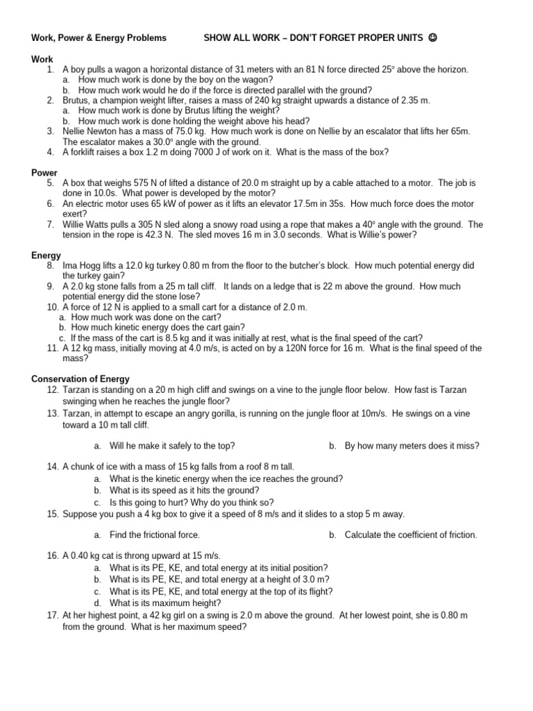 Work, Power, and Energy Problem Set | PDF | Force | Mass