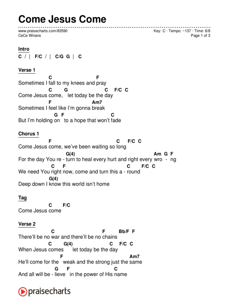 Come Jesus Come Cece Winans Chord Chart C 1 Column Layout Pdf