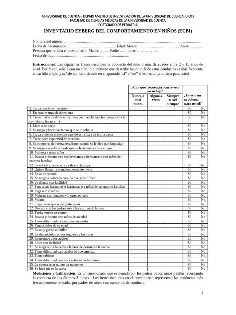 Inventario de Conducta Infantil ECBI | PDF | Ciencias del ...