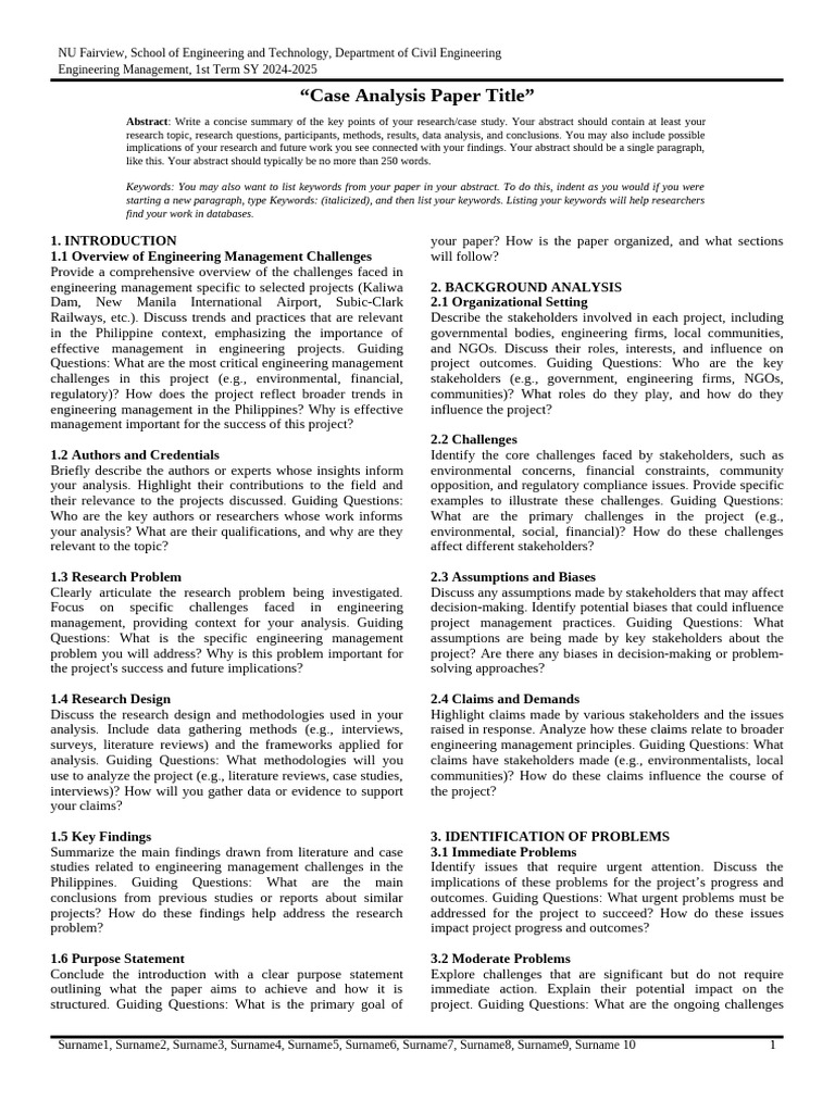 Case Analysis Paper Template T1 2024 | PDF | Methodology | Engineering