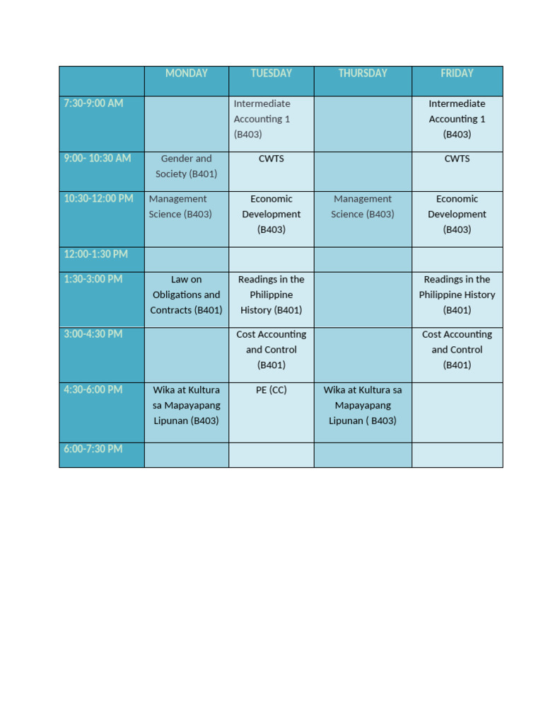 Weekly Class Schedule and Assignments | PDF