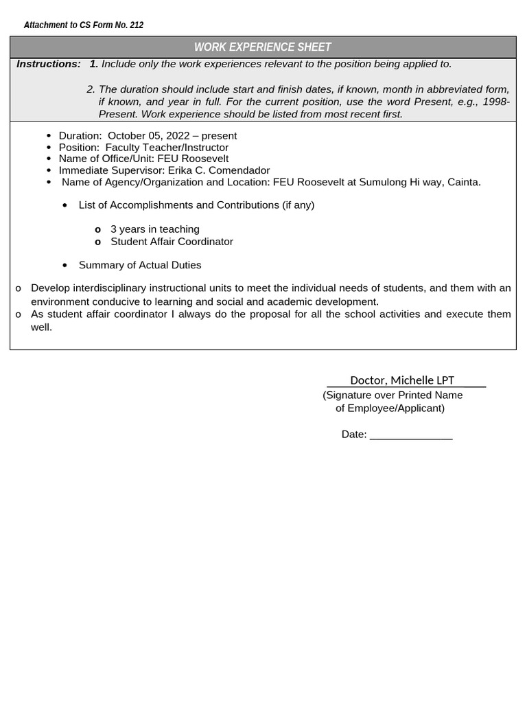 CS Form No. 212 Attachment Work Experience Sheet | PDF