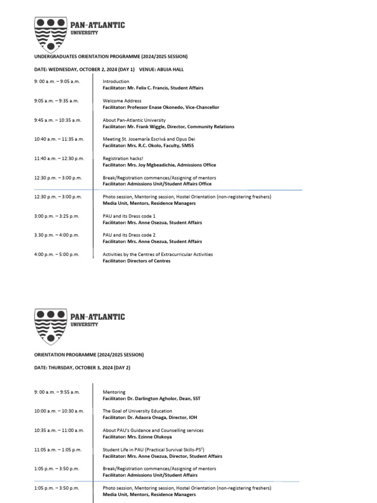 Orientation Programme 2024 2025 Session Abuja Hall 102 Pdf Catholic