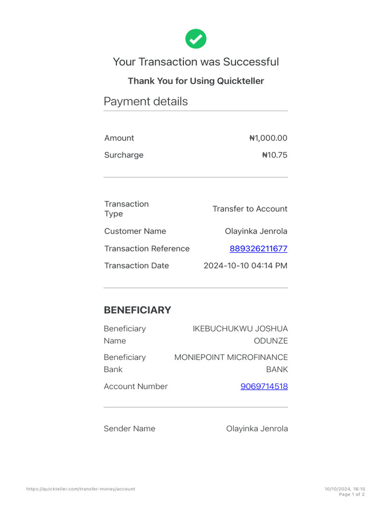 Quickteller Transfer Confirmation | PDF
