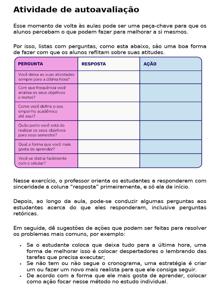 Autoavaliação e Metas para Alunos | PDF