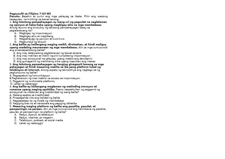 Pagsusulit Sa Filipino 7 | PDF