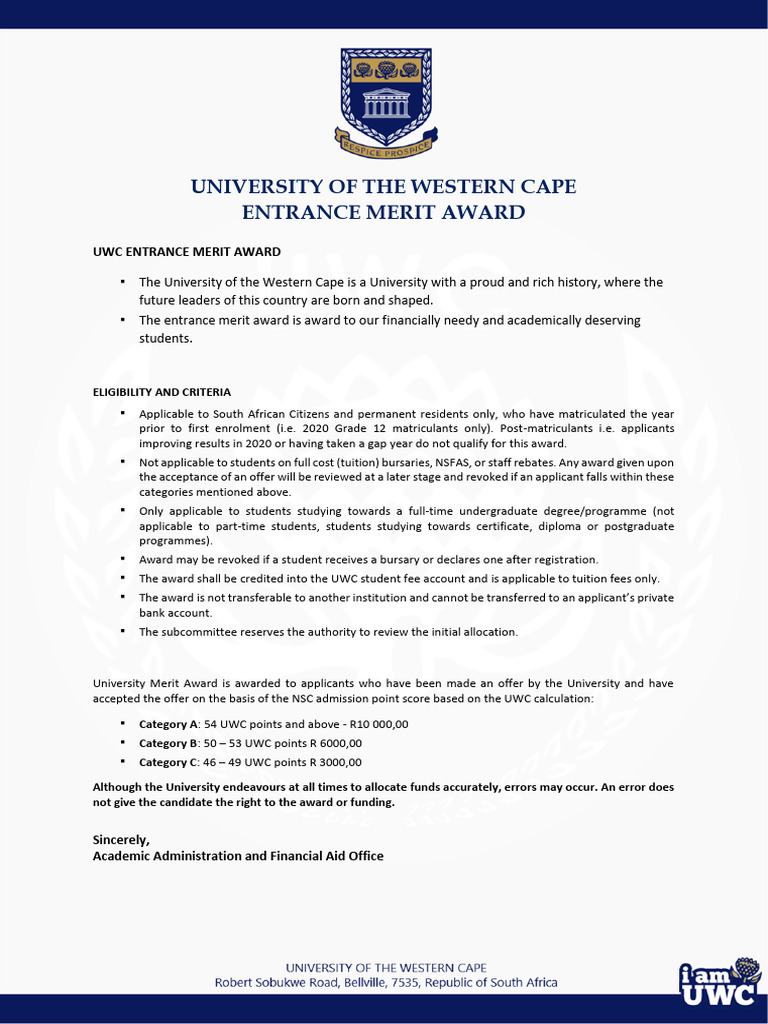 UWC Entrance Merit Award Details | PDF