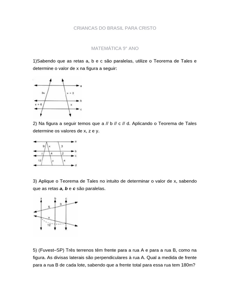 Teorema de Tales: Exercícios 9º Ano | PDF