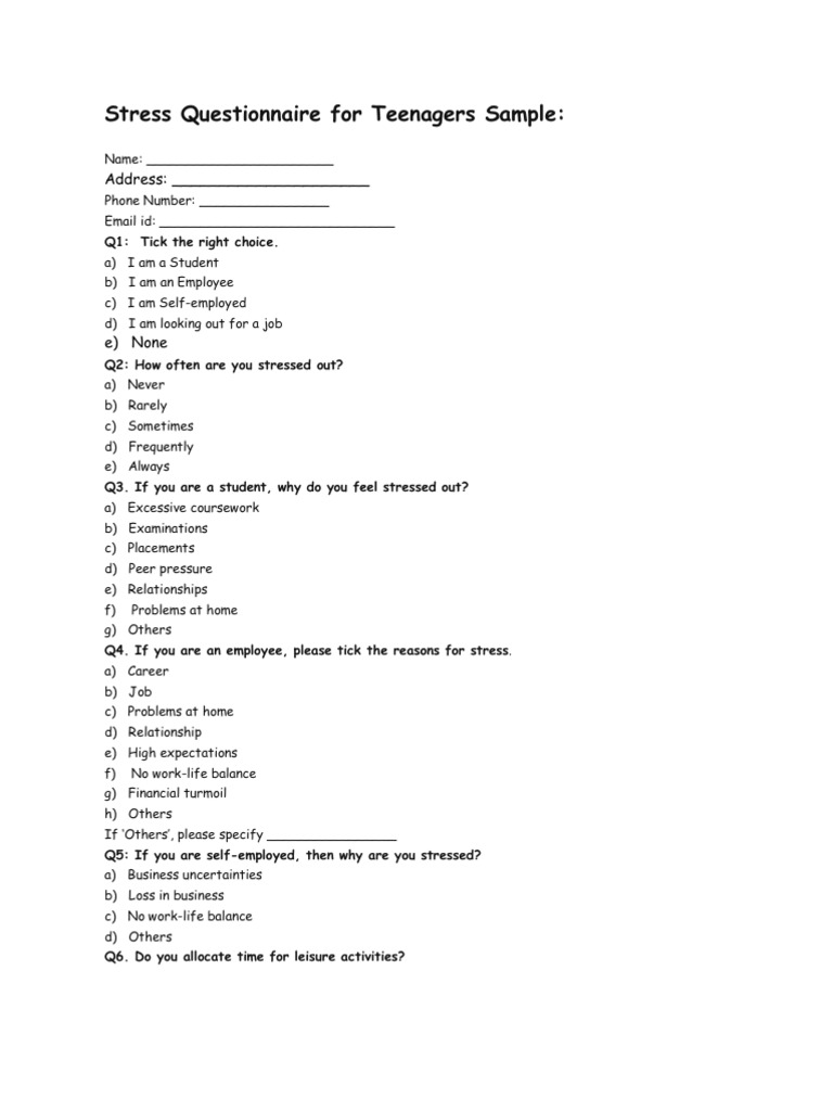 Stress Questionnaire for Teenagers Survey