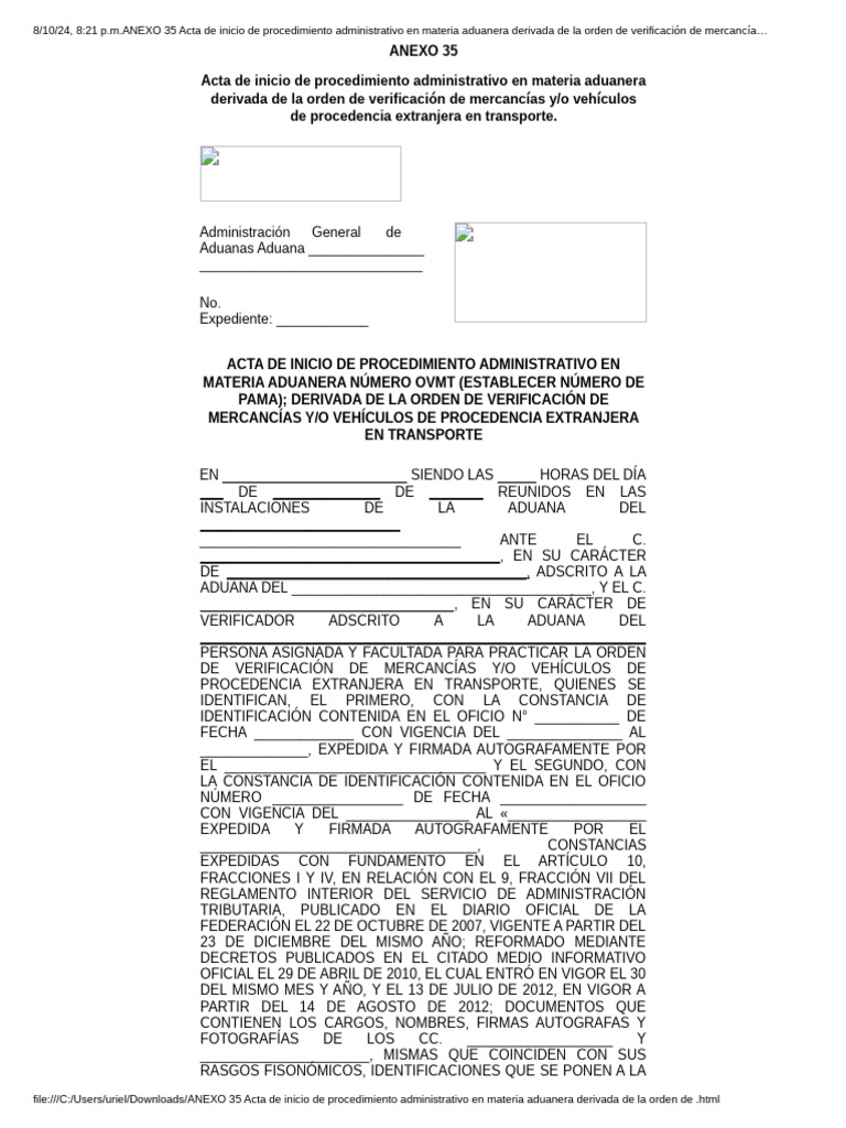 Acta de Inicio Procedimiento Aduanero | PDF | aduana | Gobierno