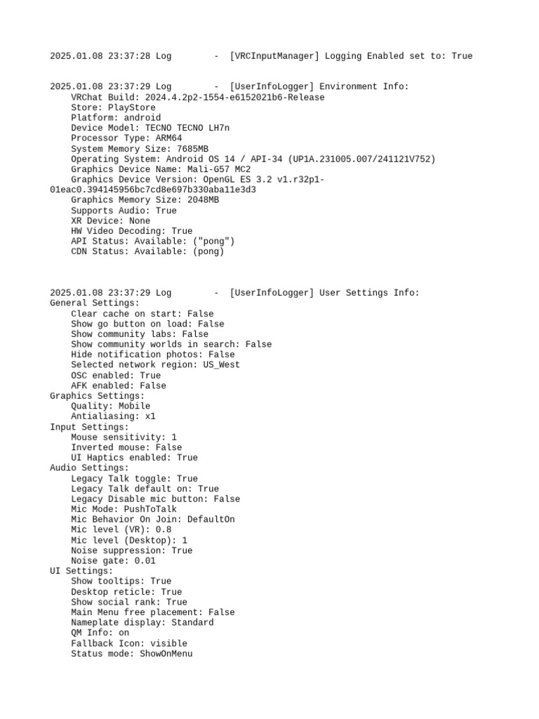 VRChat Android User Settings Log | PDF | Android (Operating System ...
