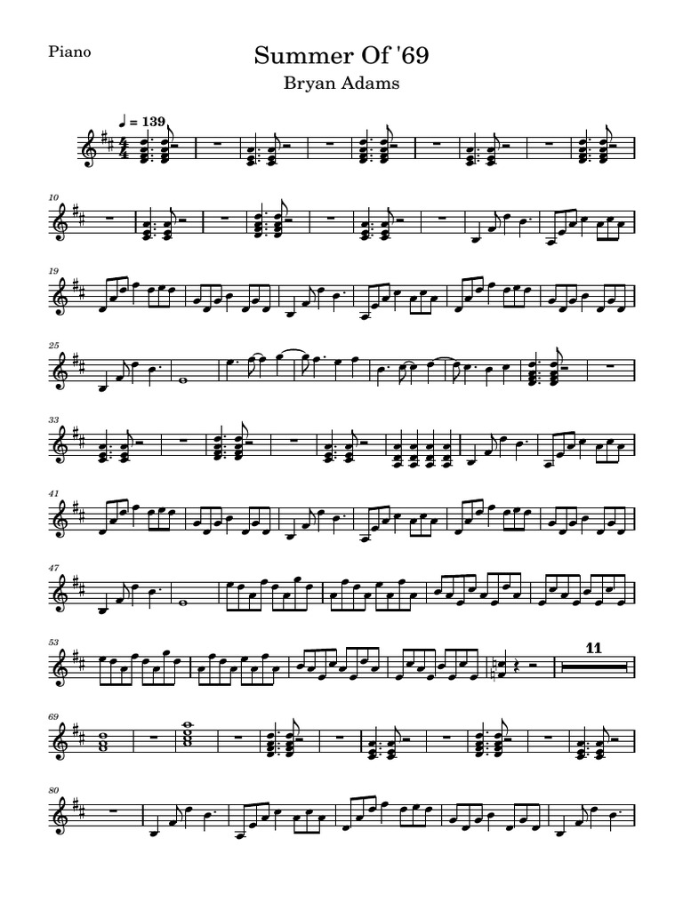 Summer of '69 Piano Sheet Music PDF Song Recordings Produced