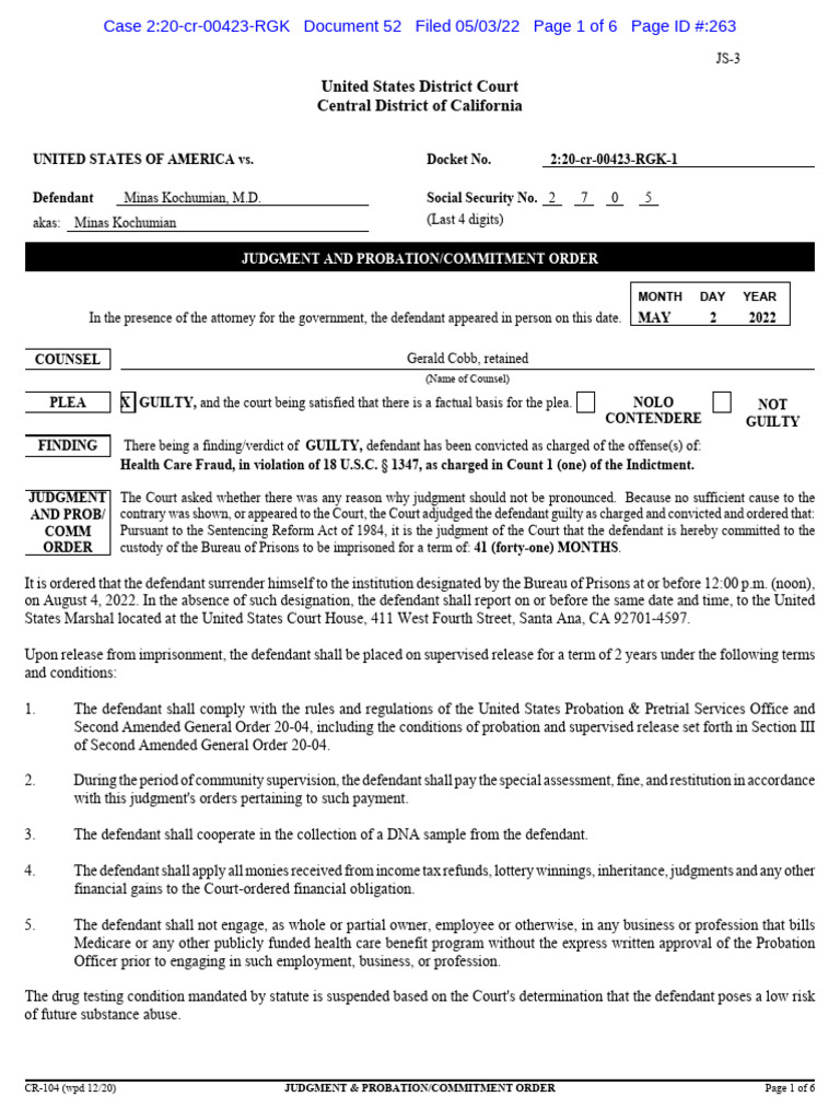 Judgment and Probation Order: Minas Kochumian | PDF | United States ...