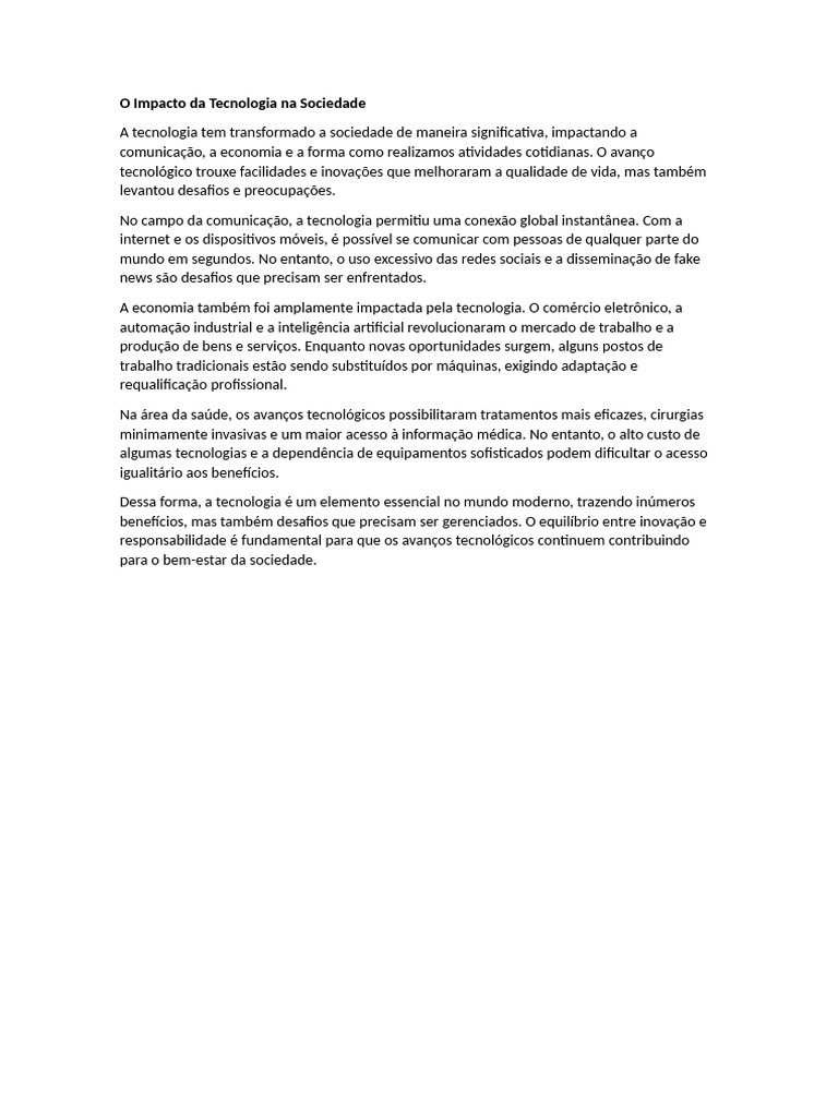 Impactos da Tecnologia na Sociedade | PDF