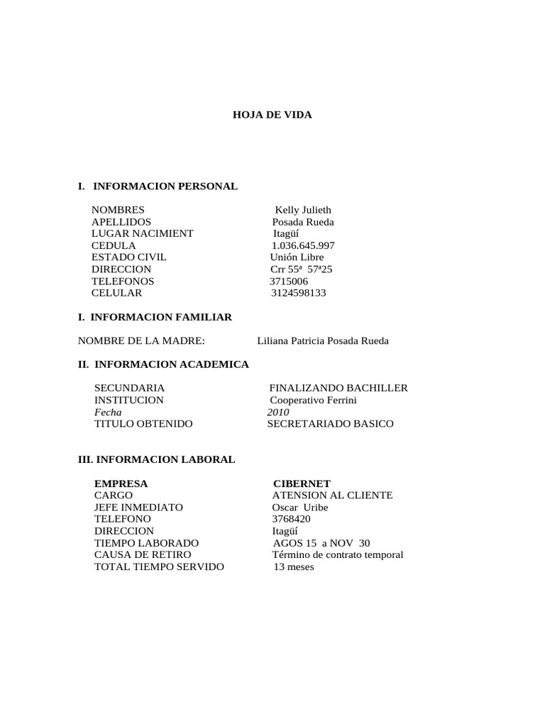 Hoja de Vida de Kelly Julieth Posada | PDF