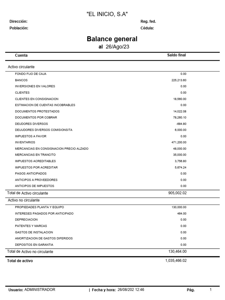 Balance General de El Inicio S.A. 2023 | PDF | Contabilidad | Pagos